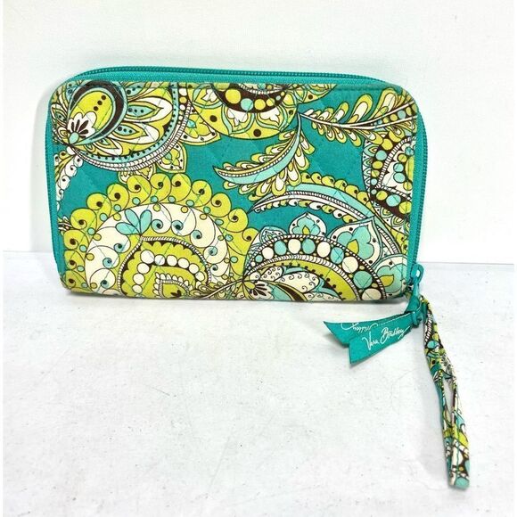 Vintage Vera Bradley Blue Green Peacock Wristlet Wallet Large Retired Pattern - Picture 1 of 4